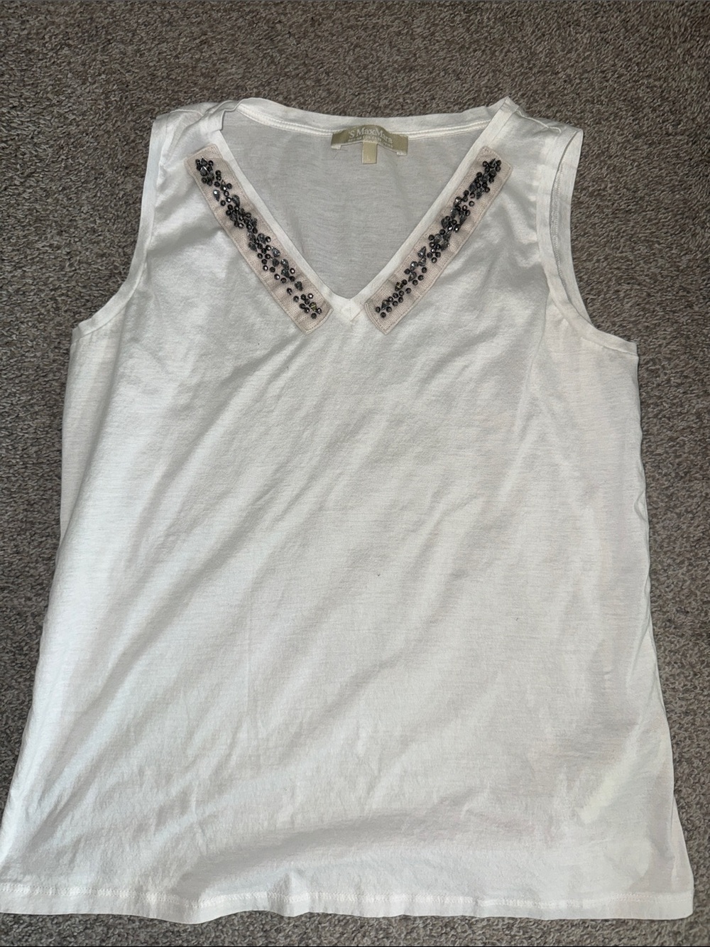 MaxMara White Sleeveless V-Neck Tank with Beaded Trim